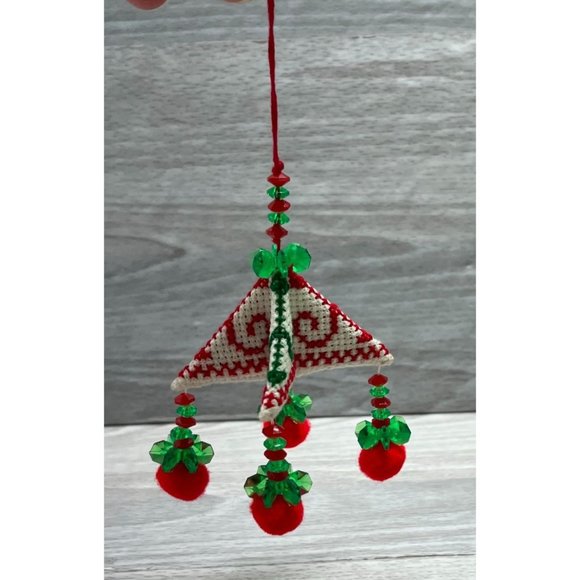 Vintage Christmas Tree Ornament Cross Stitch Triangular Pyramid Handmade 3 Inch - Picture 2 of 5